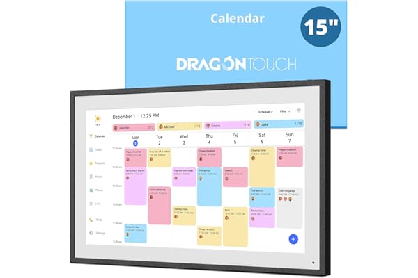 Dragon Touch 15,6" Calendrier Numérique - Calendrier Mural Électronique, Agenda Familial avec Mémoire de 32 Go, Calendrier de Bureau Intelligent à Écran Tactile, Cadre Photo Numérique WIFI, TM15 Noir
