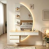 TRIUMPHKEY Half Moon Mirror Wall Dressing Table | LED Dimmable Floating Makeup Table with 4 Drawers and 3 Shelves, Space Savi