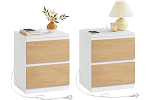 VASAGLE KAILYN Colección - Juego de 2, Mesita de Noche con Regleta de Enchufes, Mesa Auxiliar, 2 Cajones, 2 Tomas AC, 2 Puertos USB-A, Salón, Dormitorio, Amarillo Almendra LET821Y02