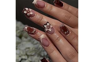 MouyouGlow Press på naglar kort, fyrkantig brun 3D franska blommor leopard design