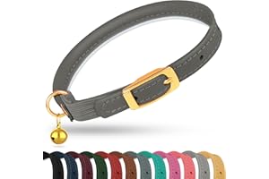 OOPSDOGGY Rolled Leather Cat Collar with Bell - Reflective Kitten Collar with Safety Elastic Strap - Adjustable Small Pet Collars for Boy Girl Cats (Graphite)