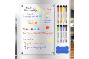 Hanqing Magnetic Fridge Planner, 12"x 8" Clear Acrylic Calendar Board, Weekly Meal Planner Magnetic for Menu, Meal, Memo (8 Markers,1 Magnetic Eraser and 4 Fridge Magnets)
