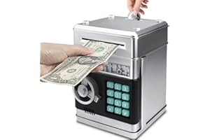 Saodom Mini Atm Piggy Bank Best Gift for kids,Money Counter Electronic Code Piggy Bank Safe Box Coin Bank for Boys Girls Password Lock Case (Silver)