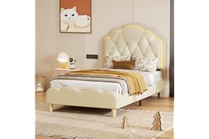 ‎MERAX Merax Kinderbett Polsterbett 90x200cm, Einzelbett Bettgestell mit Multi-Mode-LED-Streifen, Lattenrost und Rückenlehne, süßes Kopfteil in Muschelform, Jugendbett, Mädchenbett, PU, ohne Matratze, Weiß