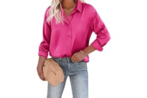 Beyove Bluzka damska, satynowa, z dekoltem w kształcie litery V, elegancka, z długim rękawem, biznesowa górna część z guzikami, luźna koszulka z długim rękawem