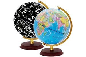 EXERZ 20cm Globo terráqueo iluminado base madera - Mapa en Inglés - Mapa Político (durante el día) - Constelación de estrellas (Noche) - Lámpara LED luz - Diversión y educación