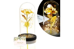 TINYOUTH Złota róża w szklanej czarnej podstawie, 24 K, wieczna róża w szkle, z oświetleniem, bateriami, w zestawie piękna i bestia róża, na wesele, rocznicę, dla mamy, Walentynki, Boże Narodzenie,