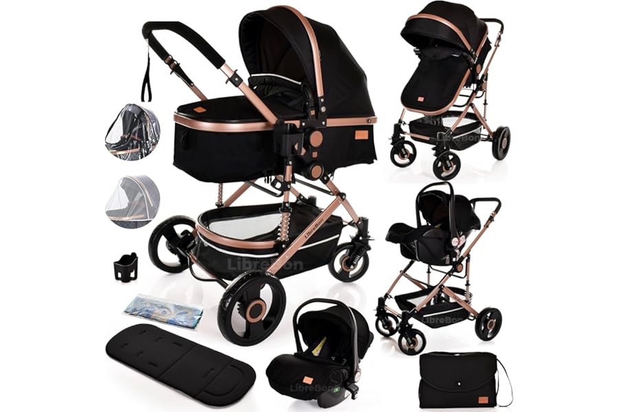 Baby Buggy Pram Pushchair 3 in 1 with Car Seat Child Lightweight Folding Stroller One Size Fits All 3 in 1 Travel System Pram for Newborns & Toddlers 0-36 Months from Birth (Black - Rose Gold Frame)
