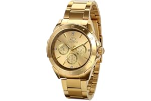 JewelryWe Orologio design New Golden Cavaliere, Business Casual Orologio elegante, 3 Occhi decorativi, Quadrante nero/oro/bianco attraente, Orologi da uomo cinturino colore Oro