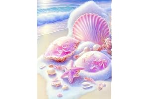 QENSPE 5D Diamond Painting Kits, Pink Shells Diamond Art Kits Beach Diamond Painting Fantasy Kits for Adults Kids Full Drill, DIY Crystal Picture Art for Home Wall Decor 30x40cm