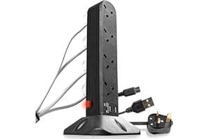 Duronic 8 Socket Extension Tower ST8B | 2 Metre (2M) Power Cable | BLACK | 8-Gang Extension Lead for UK Plug Sockets | Surge & Spike Protection | Max. 3000W Capacity