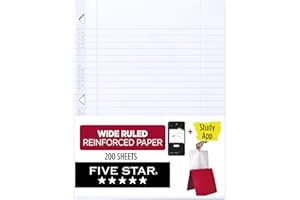 Five Star Loose Leaf Paper + Study App, Wide Ruled Filler Notebook Paper, Reinforced, Fights Ink Bleed, 8" x 10-1/2", 200 Sheets (150039-ECM)