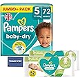 Pampers Baby Dry Size 5 Jumbo+ Pack 72 Nappies with 2 Packs of Pampers Sensitive Baby Wipes (0% Plastic, 52 Wipes Each)