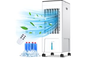 YOVIKIN Evaporative Air Cooler, 4-IN-1 Portable Air Conditioner 8L Space Cooler Humidifier Air Purifier Cooling Fan,1-8H Timer, 60W, 3 Modes, W/Remote Control & 4 Ice Box for Room, Office, Kitchen