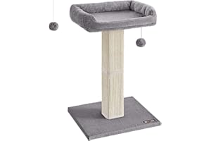 Feandrea Kratzbaum, Katzenbaum mit 40 x 30 cm Plattform aus Plüsch, Kratzstamm, Katzenkratzbaum, 71 cm hoch, Kratzsäule mit geflochtenem Sisal, 45 x 40 cm Sockel, mit Plüschball, hellgrau PCA022W01