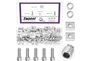 Swpeet 60pcs M6 rostfritt stål T-slot muttrar med Allen skruv bultar och platta tvättar sortiment kit, serien 3030 slot block