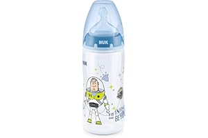 NUK Disney First Choice+ biberón de bebé | 6-18 meses | tetina de silicona | Ventilación anticólico | Sin BPA | 300 ml | Buzz Lightyear (Toy Story)