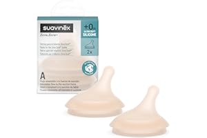 Suavinex, Lot 2 Tetines pour Biberon Anti Colique Zero Zero. Débit Spécial Allaitement (A), Débit Adaptable, Spécifique Bébés Allaités s'Adapte à la Force de Succion du Bébé, en Silicone, +0 M, Light