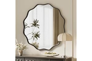 Koonmi Wavy Edge Large Round Mirror, 75cm Wall Mirror with Textured Round Metal Frame, be Hung or Placed against the Wall, suitable for Bathroom, Corridor, Entrance, Living Room, Black