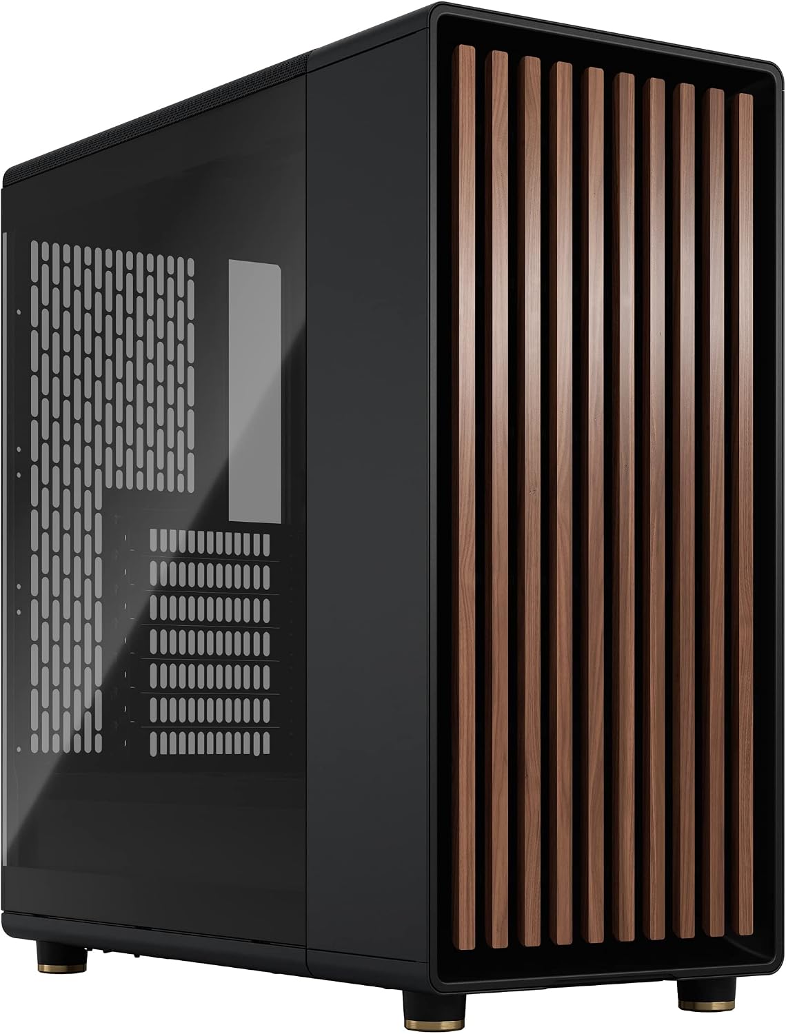 Fractal Design North Charcoal Black Tempered Glass Dark - Wood Walnut front - Glass side panel - Two 140mm Aspect PWM fans included - Type C USB - ATX Airflow Mid Tower PC Gaming Case