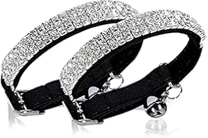 CHUKCHI Collar ajustable de terciopelo suave seguro para gatos, diamantes brillantes con campanas, 11 pulgadas para perros y gatos pequeños (negro, paquete de 2)