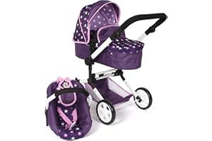 Bayer Chic 2000 - Passeggino per bambole Linus, passeggino combinato 3 in 1 per bambini dai 4 agli 8 anni, set di passeggini per bambole, 592-71, stelle lilla