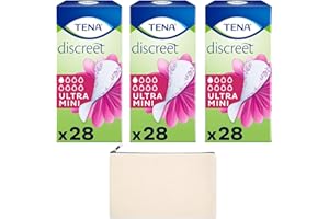 Tena Discreet Pads for Women Bundle with Ultra Mini Panty Liners Fresh Odour Control 3 Packs of 28 Pads and Wishesla Cream Fabric Bag for Stylish Storage