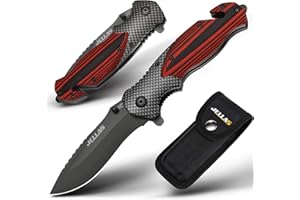 Jellas Couteau Pliant, 4-1 Couteau de Poche de avec Brise Vitre et Coupe Ceinture, Lame 9Cr18 Acier Inoxydable, et Le Mécanisme de Pliage Sûr et Robuste pour Camping, Chasse