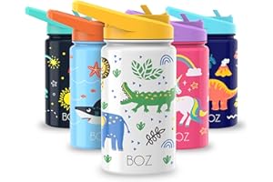 BOZ Botella Agua Niños con Pajita - Botella Agua Acero Inoxidable 414 ml, Botella Térmica Aislamiento Doble Pared Sin BPA, Botella Isotérmica Antiderrame con Asa Apta para el Lavavajillas (Safari)