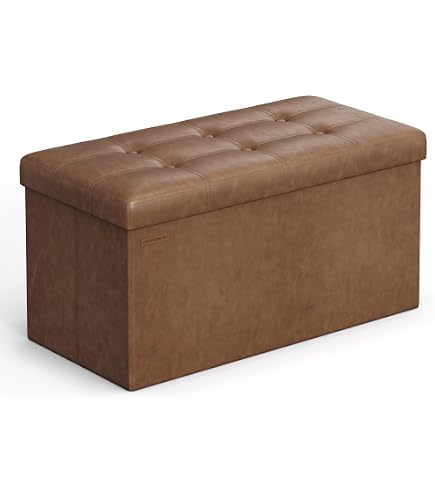 COSYLAND Pouf de Rangement Pliable en Similicuir avec Couvercle - Banc Coffre Multifonction 43x38x38cm - Tabouret Repose-Pieds 200kg - Ottoman de Salon Espace de Stockage Caché, Beige