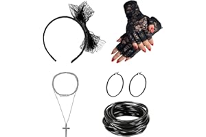 MAXQUU Lot de 16 robes en dentelle, gants en dentelle, boucles d'oreilles, collier, décoration de style des années 80, ensemble nostalgique, accessoires de costume des années 80., Noir , 25