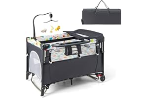 COSTWAY 5 in 1 Travel Cot, Foldable Baby Bedside Sleeper with Bassinet, Diaper Changer, Mattress, Music Box, Hanging Toys, 4 Adjustable Heights Infant Crib from Newborn to Toddlers (Grey)