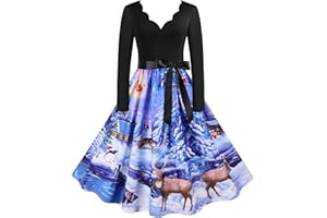 AZISEN Weihnachtskleid Damen, Weihnachtskleider für Damen 2023 Große Größe A-Linie Swing Partykleid Schneemann Weihnachtsbaum Druck Cocktailkleid Elegant Langarm Vintage Weihnachtsmotiven