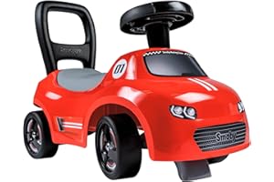 Smoby - Czerwony samochodzik jeździk - Funkcja chodzika - Kierownica - Ergonomiczna i łatwa w obsłudze - Skrzynia na zabawki - Od 10 miesięcy - Wyprodukowano we Francji