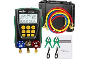 BELEY Juego de manómetros digitales, R32 R410a Kit de indicador digital para sistema de colector, manómetro de sistema HVAC de temperatura para 89 refrigerantes, con 2 abrazaderas de temperatura