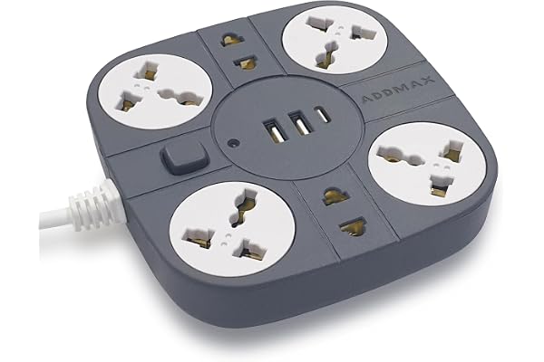 ADDMAX Extension Board with USB 6 Power Sockets, 2 USB Ports + 1 Type-C Port 1.8M Heavy Duty Cord 10A 220V Multi Plug Extension Cord Fireproof Power Strip for Home, Office & Laptop Grey