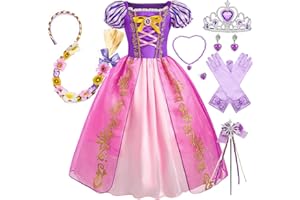 Timesun Puffärmel Angels Prinzessin Rapunzel Kostüm Kleid für Mädchen Kinder, Halloween Karneval Party Verkleidung Perücken, Kronen, Zepter, Ketten, Ringe, Ohrringe, Handschuhe