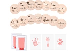 HYZEVEE 13Pcs Wooden Baby Monthly Milestone Marker Discs | Baby Handprint and Footprint Kit 2 Pack | Hand and Footprint Kit | Double Sided Baby Milestone Cards, New Parents Gift Set, Pink