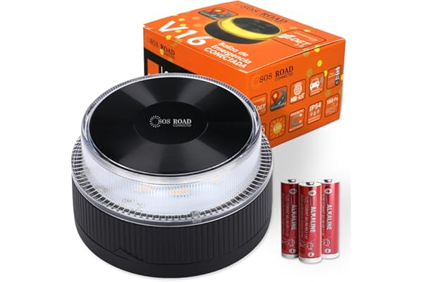 SOS ROAD Baliza de Emergencia V16 con Geolocalización y Conexión DGT 3.0 – Uso Obligatorio Enero 2026, Señal LED Homologada para Coche, Alcance 1km, Resistente al Agua, Datos Incluidos hasta 2038