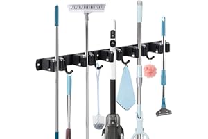 Cokaca Besenhalterung Wand mit 5 Halter + 4 Haken, Schwerlast SUS 304 Edelstahl, zwei Optione: Selbstklebend/Nails Installieren, Gerätehalter Besenhalter Wand für Zuhause, Garage, Garten, Küche