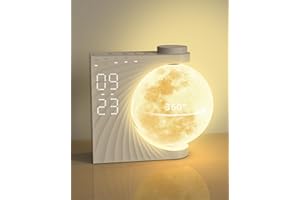 INSSISAIN Reloj Despertador y Máquina de Sonido con Luz de Luna para Personas que Duermen Mucho,2 Alarma,Función de Repetición,Luz para Despertar,10 Sonidos de la Naturaleza,8 colores (Rotation-beige)