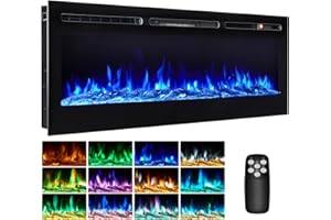 INMOZATA 127cm Electric Fire Wall Mounted Recessed Electric Fireplace With 12 LED Flame Colors, Adjustable Thermostat, Crystal&Logs Set, 900W/1800W, Remote&Touch Screen Control (127cm/50in, Black)