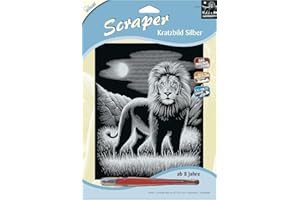 Mammut 136046 - Kratzbild Motiv Löwe, Silber, glänzend, Komplettset mit Kratzmesser und Übungsblatt, Scraper, Scratch, Kritzel, Kratzset für Kinder ab 8 Jahre