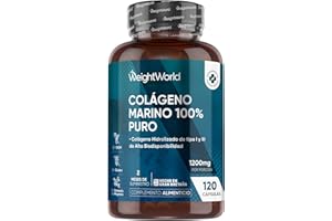 WEIGHTWORLD Colágeno Marino Hidrolizado 100% Puro 1200 mg - 120 Cápsulas de Péptidos de Colágeno de Pescado Hidrolizado Tipo I y III - Suministro para 2 Meses, Sin Gluten y Sin OGM