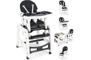 COSTWAY 5 en 1 Tronas de Bebe, Trona Bebe Portatil con 2 Bandeja Extraíble de 4 Posiciones, Cojín, Respaldo de 3 Niveles, Silla de Comer para Bebe, Trona Evolutiva Bebe para 6-72 Meses (Negro)