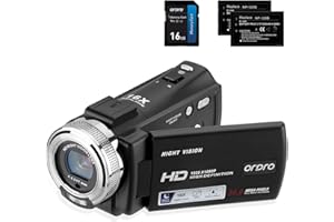 ORDRO Caméra Vidéo de Vision Nocturne Youtube Vlogging Camera Recorder FHD 1080P 15FPS 30MP 3,0 Pouces 270 Degrés de Rotation LCD Caméscope à Zoom Numérique 16X avec 2 Piles et Carte SD de 16 Go