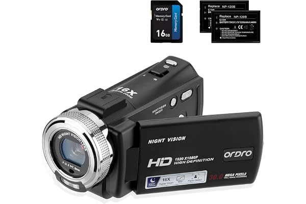 ORDRO Caméra Vidéo de Vision Nocturne Youtube Vlogging Camera Recorder FHD 1080P 15FPS 30MP 3,0 Pouces 270 Degrés de Rotation LCD Caméscope à Zoom Numérique 16X avec 2 Piles et Carte SD de 16 Go