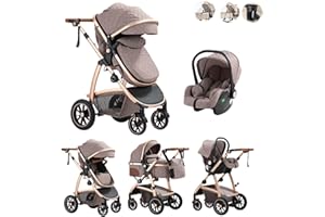 Kakbgee 3 in 1 Pushchair Travel System, Pram Travel System with ECE R129 Car Seat, Height Adjustable Handle Baby Pram, High View Aluminum Frame Baby Stroller for Newborn(22KG, 0-4Yeas)