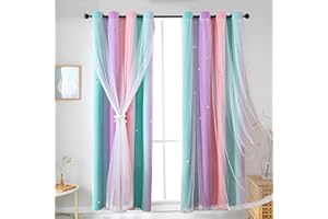 ACCMUZZY 2 Panels Blackout Curtains for Bedroom,Double Layer Kids Curtain,Star Window Colorful Rainbow Curtain,Girl children Eyelet Curtains for Bedroom,Living Room,Nursery Room (Green&Purple&Pink, W52×L63)