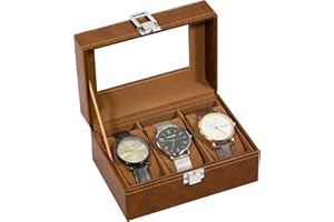 Uten Boîte à Montres 3 Compartiments, Coffret à Montres en PU, Couvercle en Verre, Coffret de Rangement pour Montres, Doublure en Velours Marron, Idée Cadeau